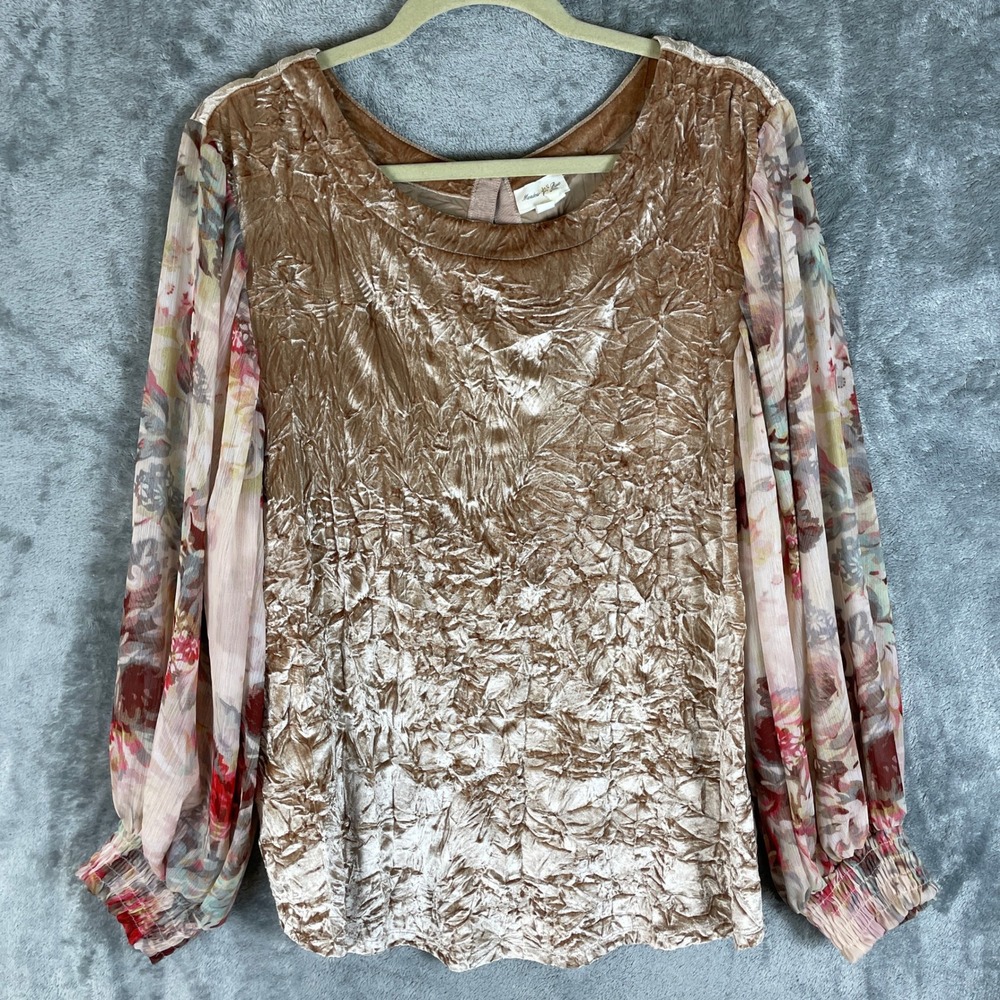 Meadow Rue Velvet Blouse Womens XL Tan Floral Chiffon Balloon Sleeve Crushed Top